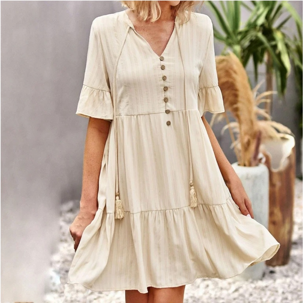 V Neck Tassel Drawsting Bohemian Short Dress Flowy loose Fit Tunic Dress